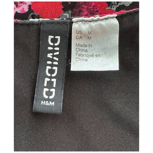 H&M Divided Red Fuchsia Pink Black Floral Faux Wrap Long Sleeve Dress Size M - Picture 3 of 10